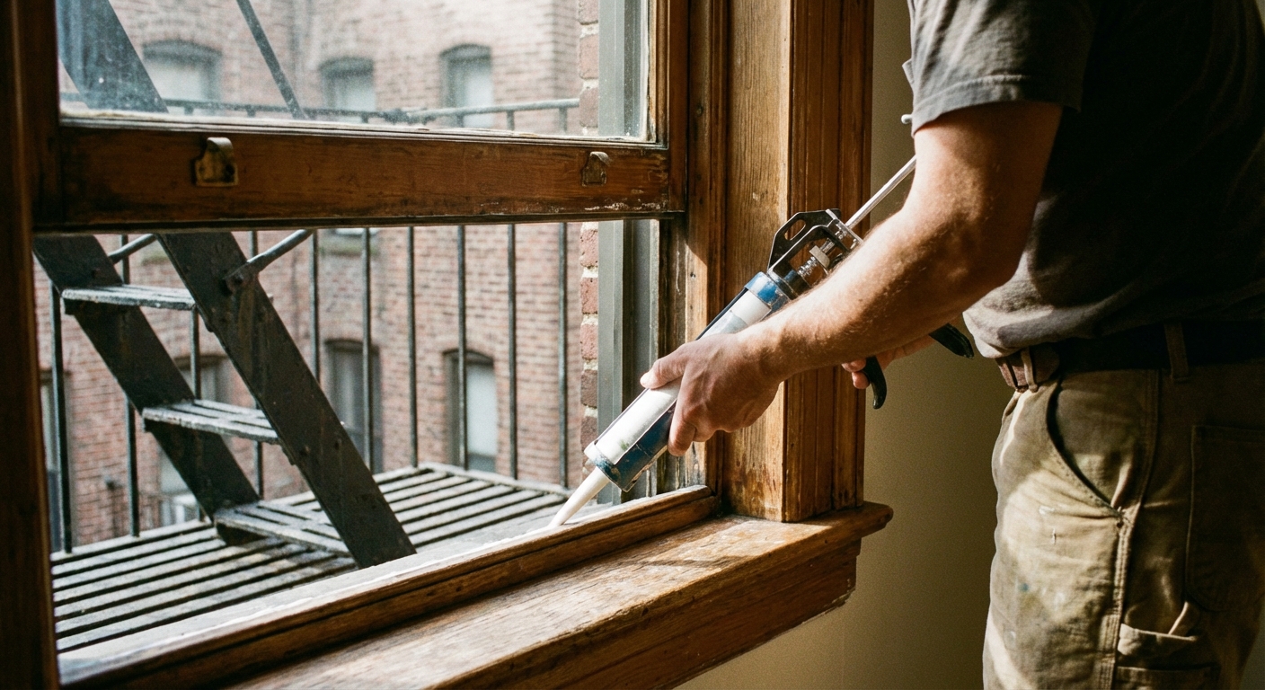 Contractor air sealing around window frame in NYC home before mini split installation