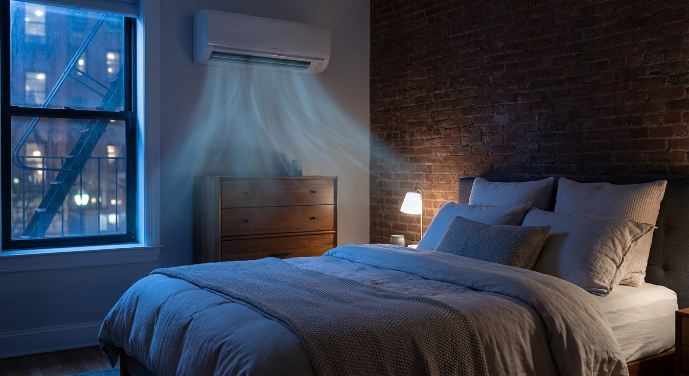 Comfortable NYC bedroom cooled by mini split set to optimal sleeping temperature