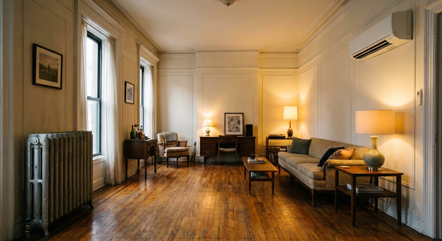 NYC apartment showing old radiator next to modern mini split wall unit