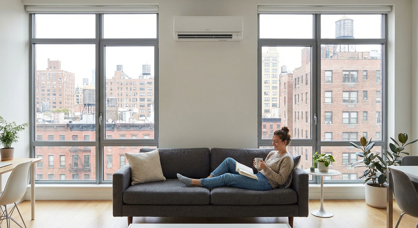 NYC renter enjoying comfort from a mini split heat pump in their apartment
