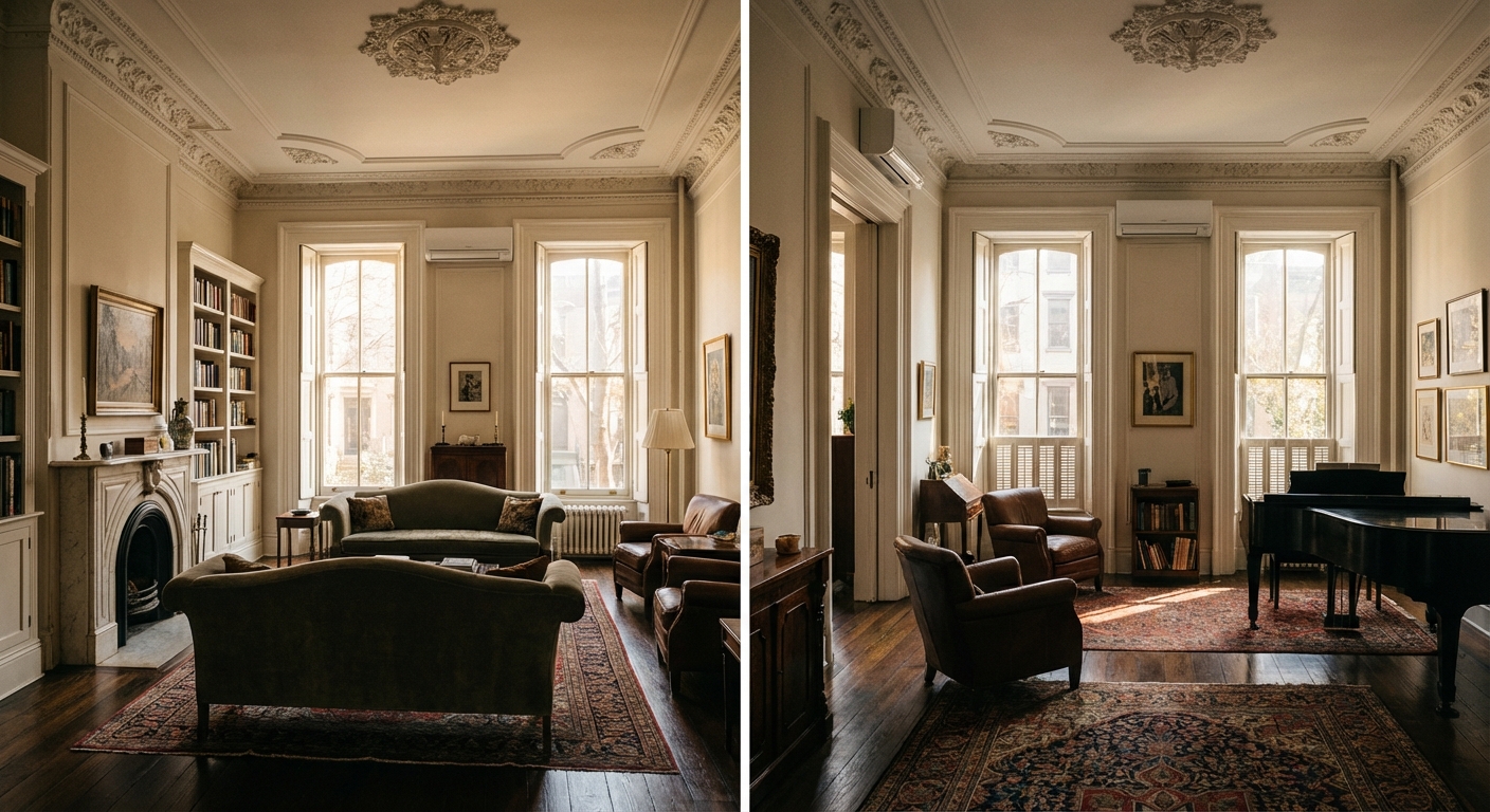 Mini split heat pump installed in a classic NYC brownstone townhouse