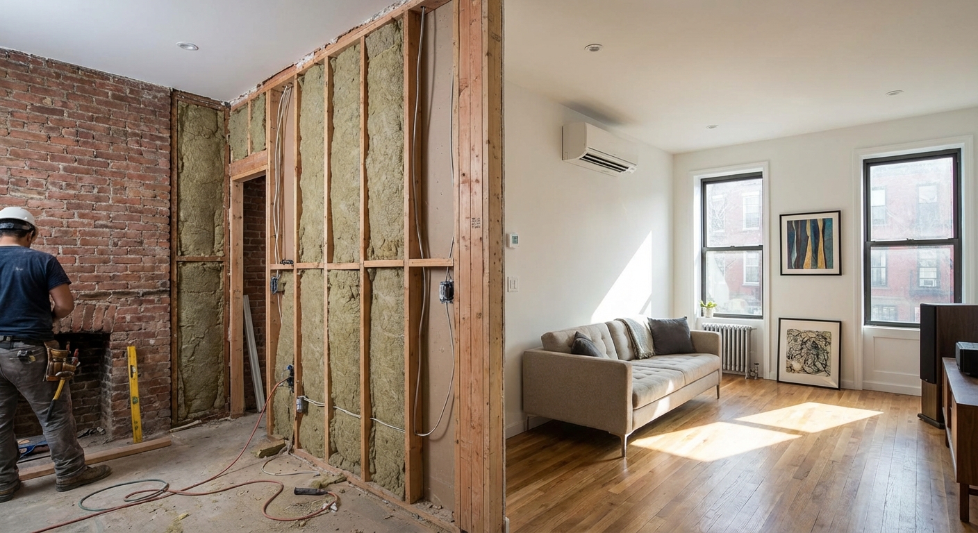 NYC home upgrade showing insulation installation and finished mini split room