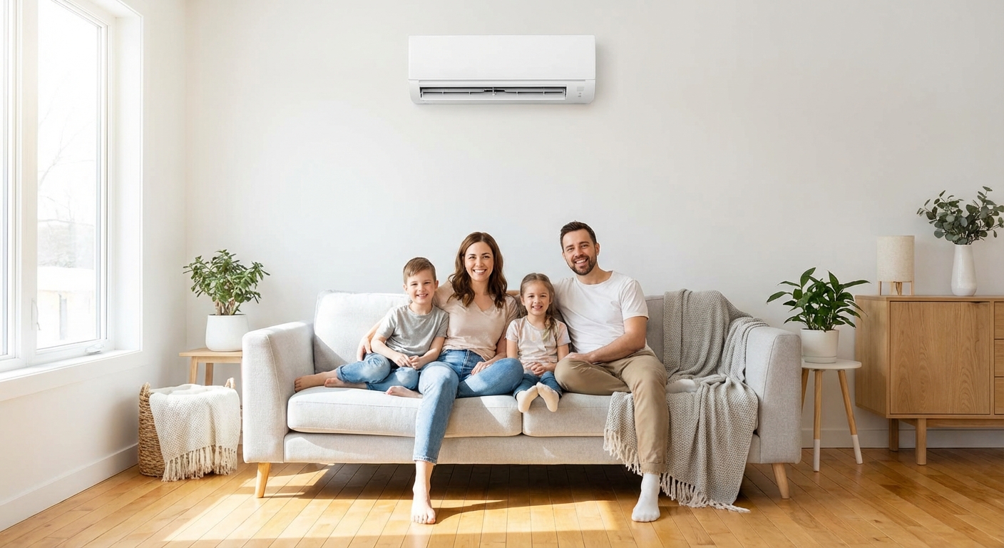 Family enjoying comfortable home with mini split financed at 0 percent interest