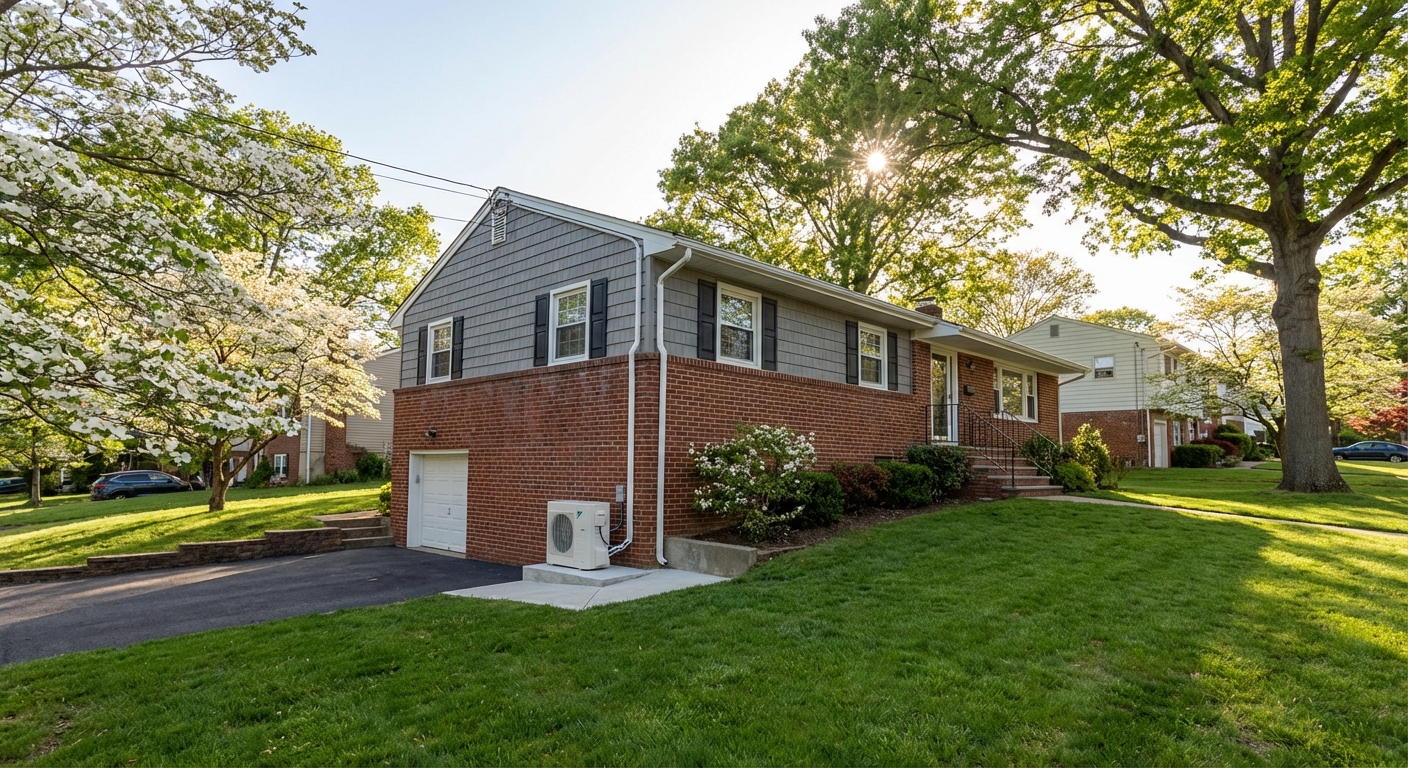 Mini split condenser installed beside a Staten Island raised ranch home
