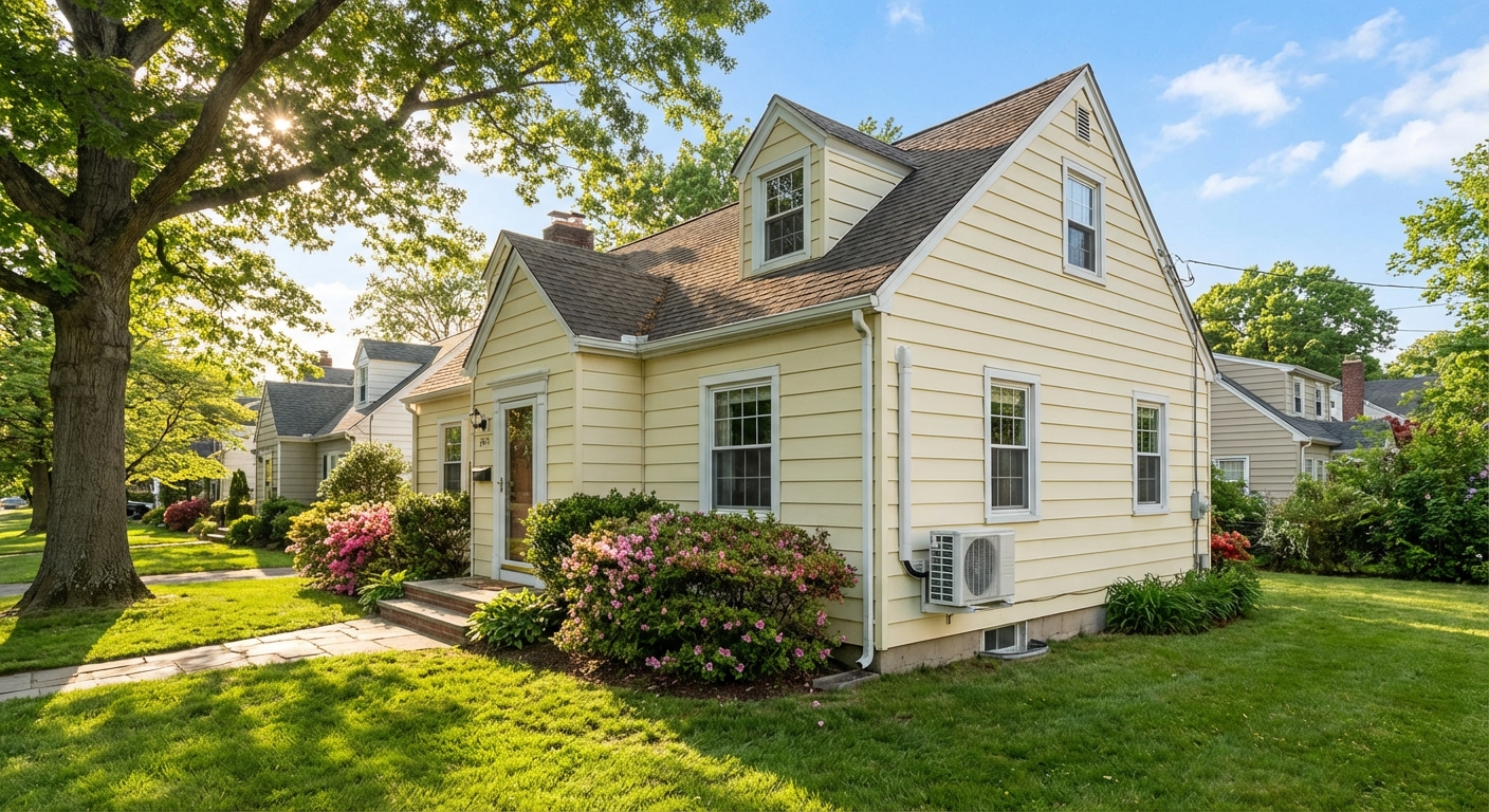 Mini split condenser installed on the side of a Cape Cod home in Yonkers NY