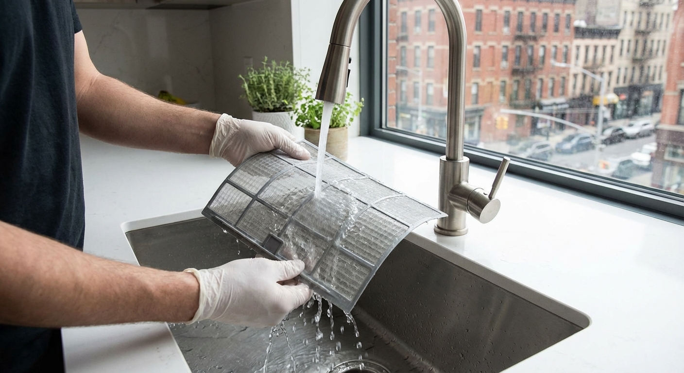 Cleaning a mini split filter as part of regular NYC maintenance schedule