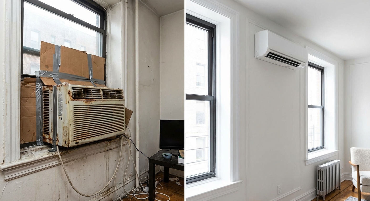 Side by side comparison of window AC unit versus mini split in a NYC apartment