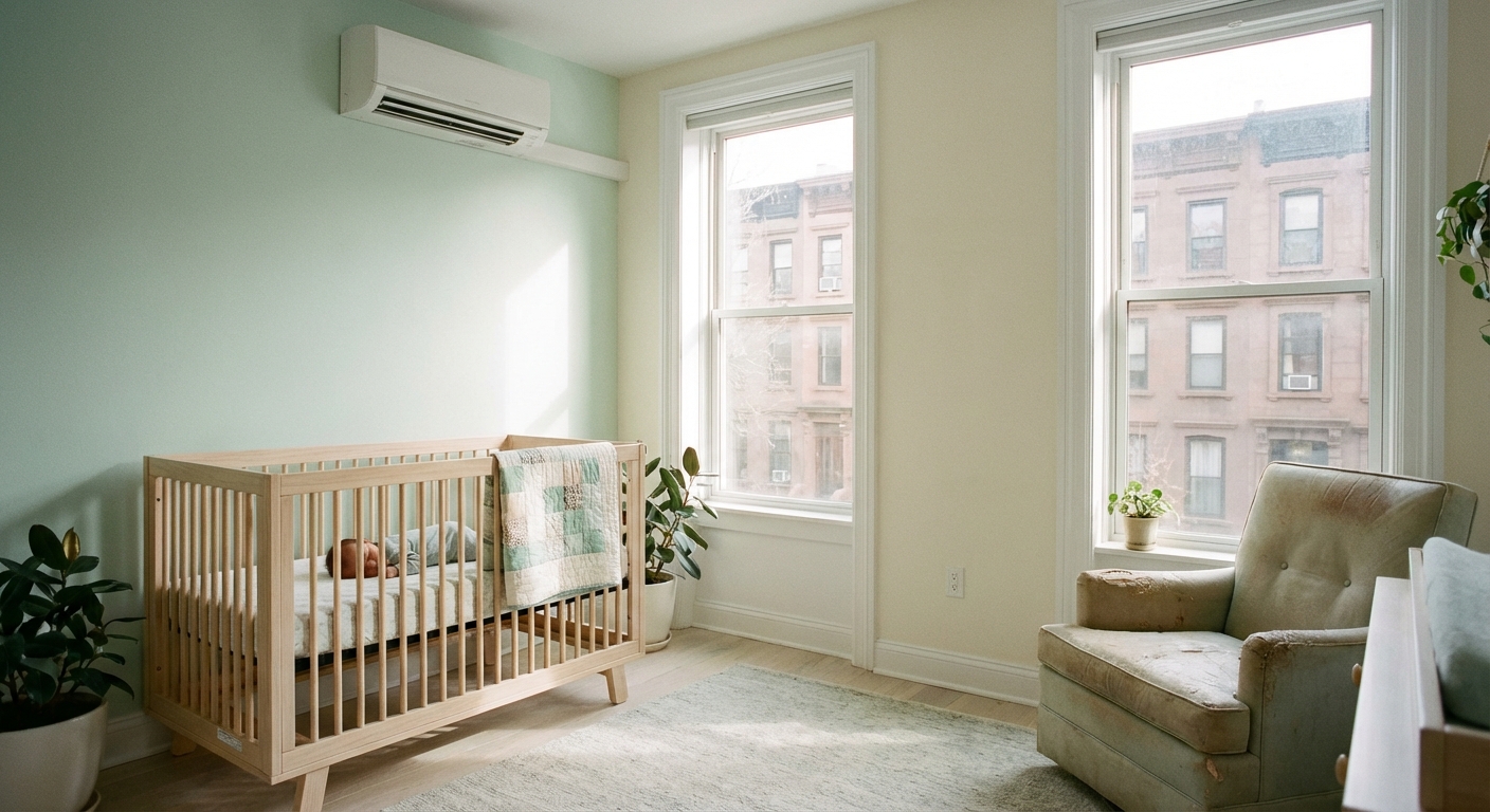 Quiet mini split in a NYC nursery with sleeping baby