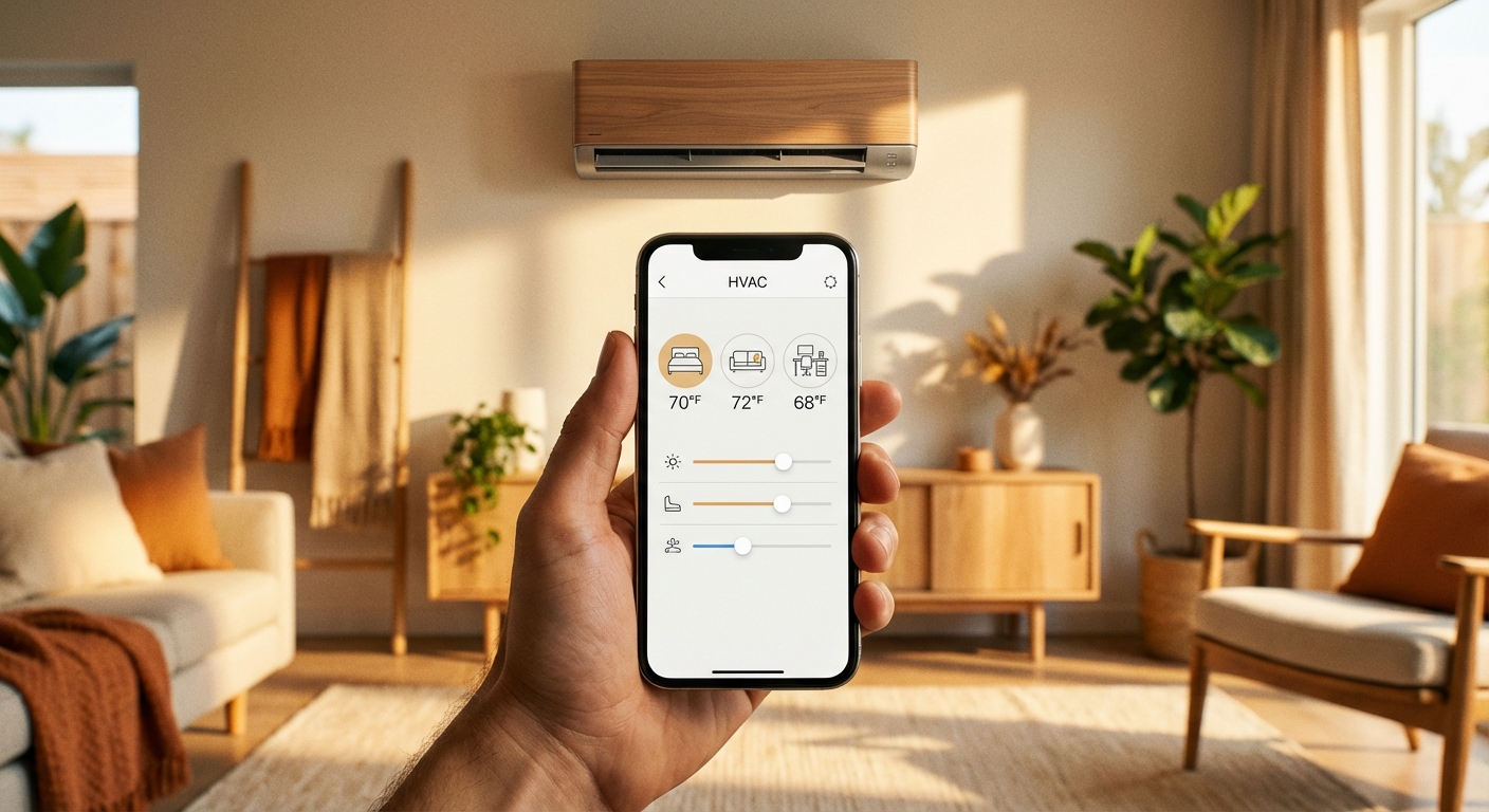 Smartphone controlling mini split zones via Wi-Fi app in NYC home
