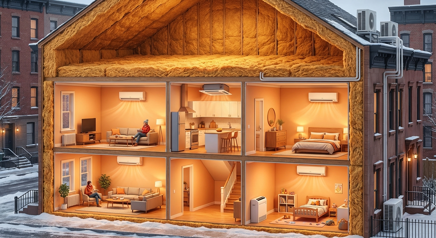 Cross-section of NY home with insulation and mini splits solving temperature imbalance