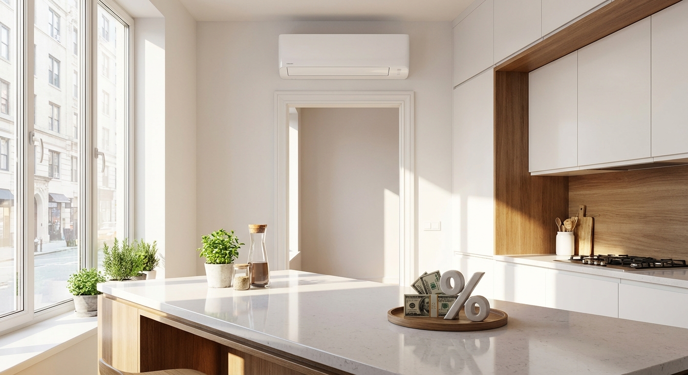 Mini split in a New York home representing rebate savings from Con Edison and financing