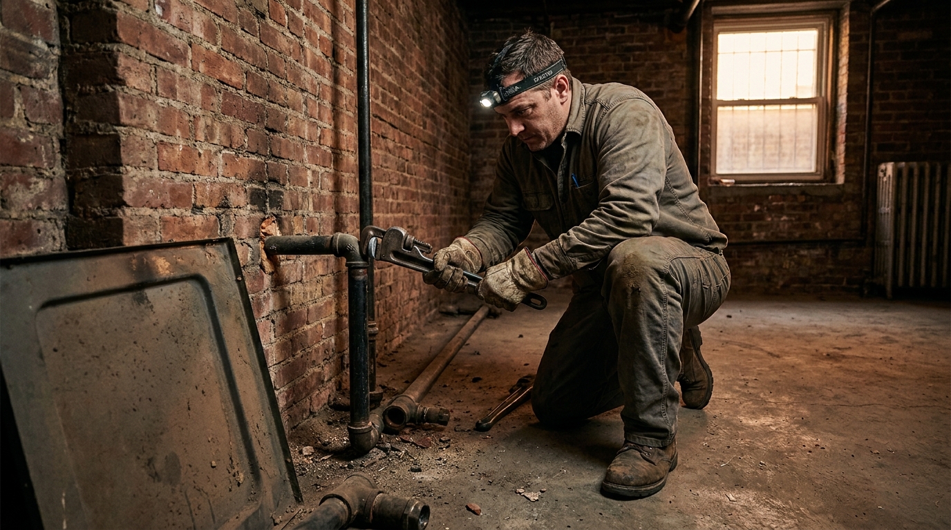 Licensed plumber capping a gas line in a NYC brownstone basement during a heat pump conversion
