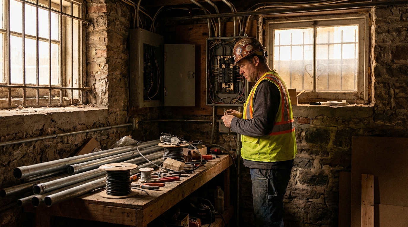 Licensed electrician upgrading electrical service panel in a NYC brownstone basement for a heat pump installation