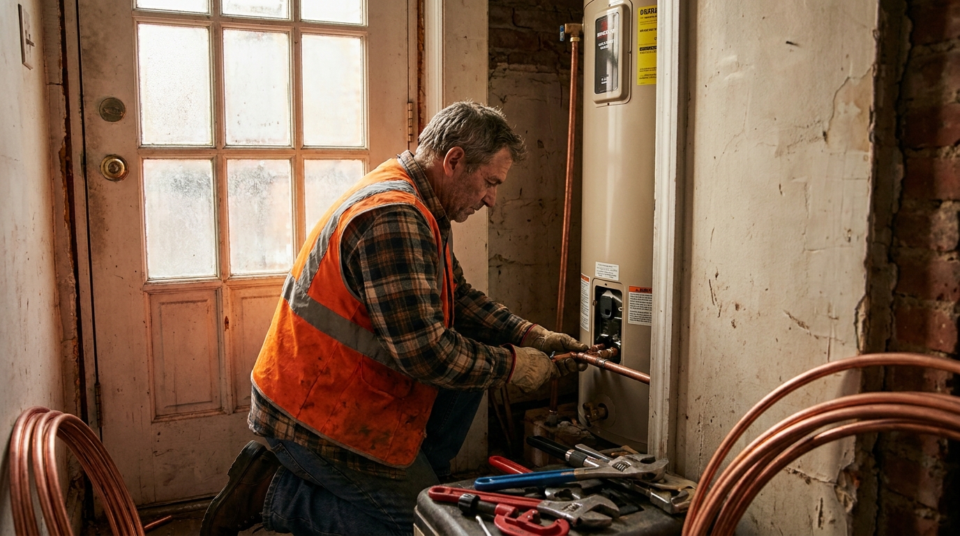 Con Edison Energy Exchange Program contractor installing heat pump water heater in a NYC brownstone utility room