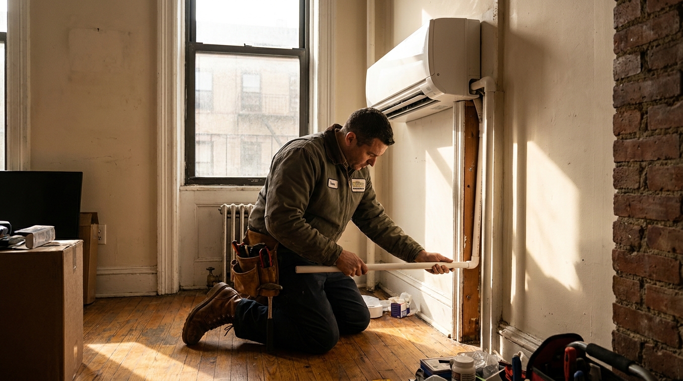 NYC HVAC technician routing a mini split condensate drain line through a pre-war apartment interior wall chase