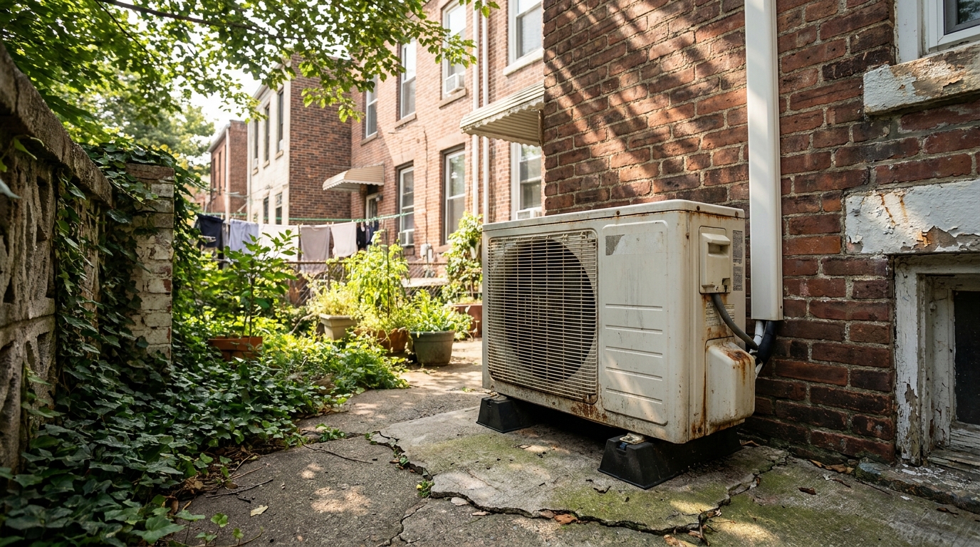 Mini split outdoor condenser mounted in a Brooklyn brownstone rear yard with vibration isolation pads and a masonry barrier fence for NYC noise code compliance