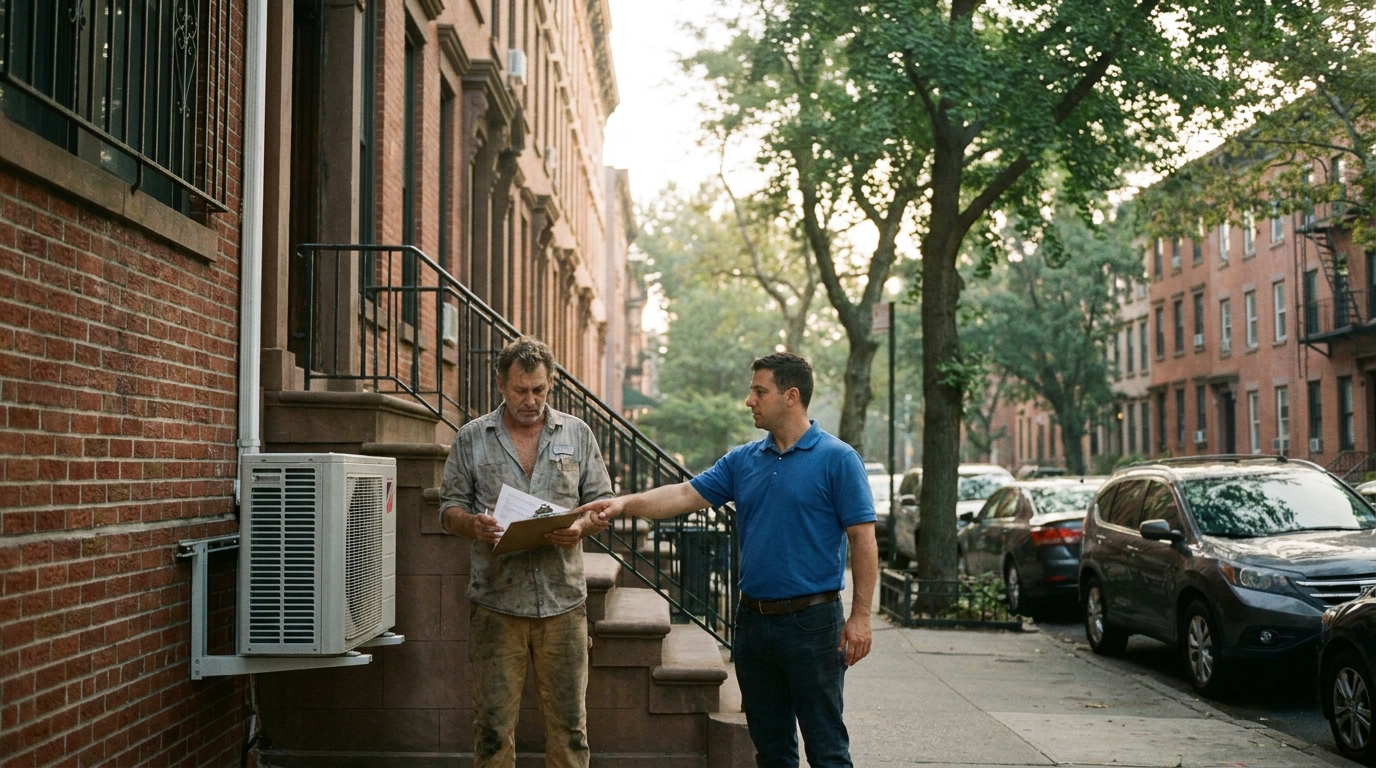 Brooklyn brownstone landlord reviewing mini split heat pump installation plans with an HVAC contractor for NYC cooling law compliance