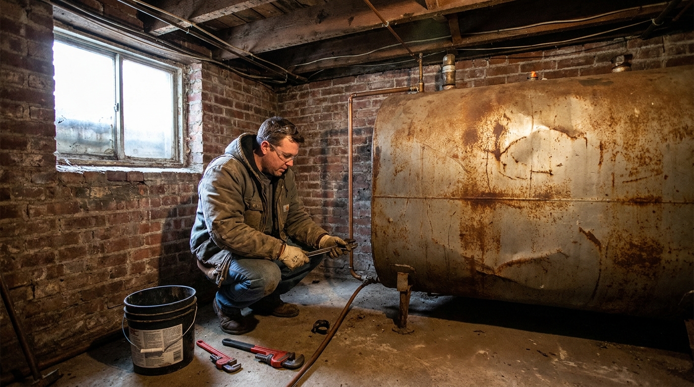 Licensed contractor disconnecting fuel lines from a basement oil tank in a NYC brownstone during an oil tank removal heat pump conversion NYC project