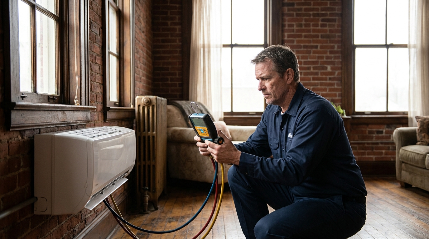 NYC HVAC technician diagnosing an R-454B mini split system with refrigerant gauges in a brownstone apartment