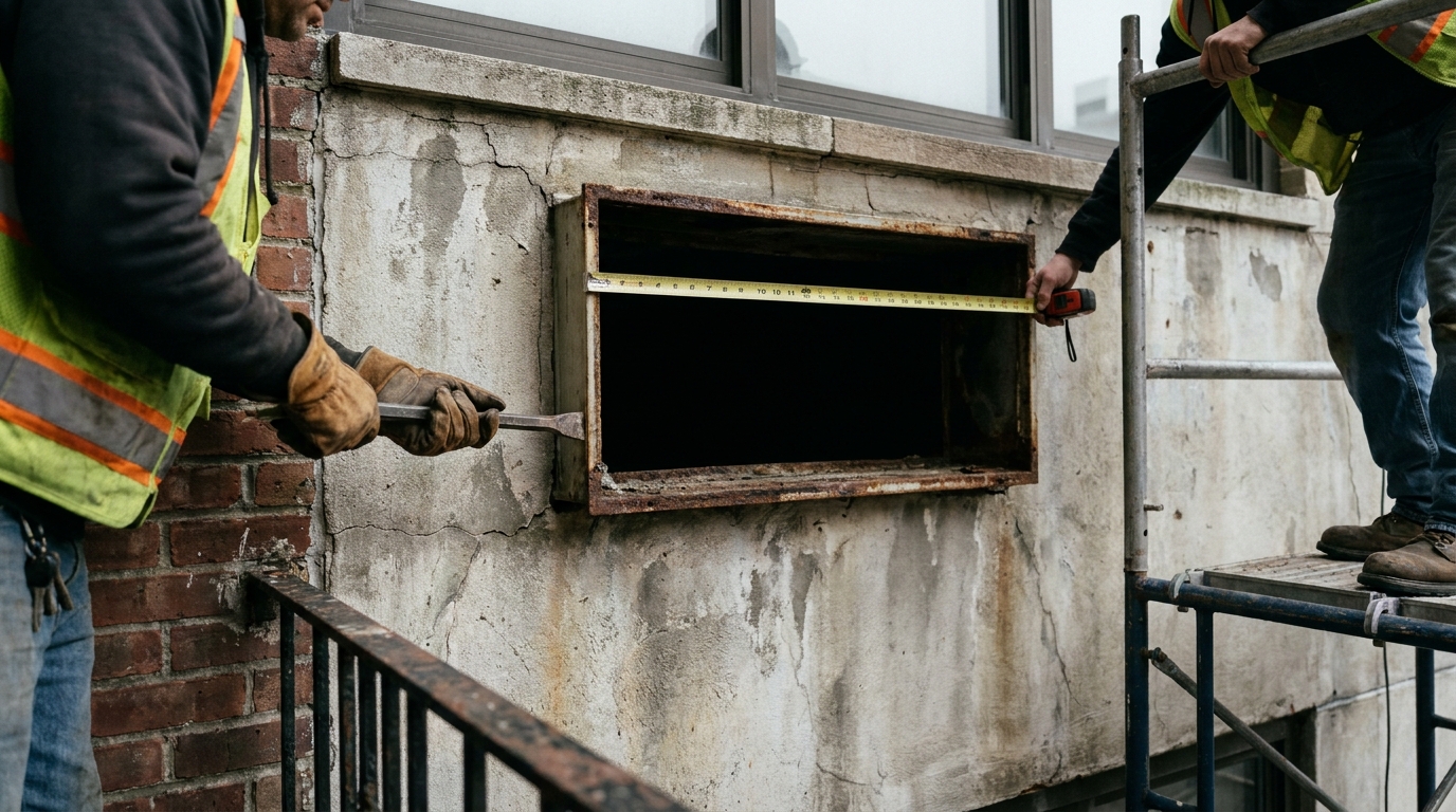 Worker removing a PTAC sleeve from a postwar NYC high-rise concrete wall to replace PTAC with mini split NYC
