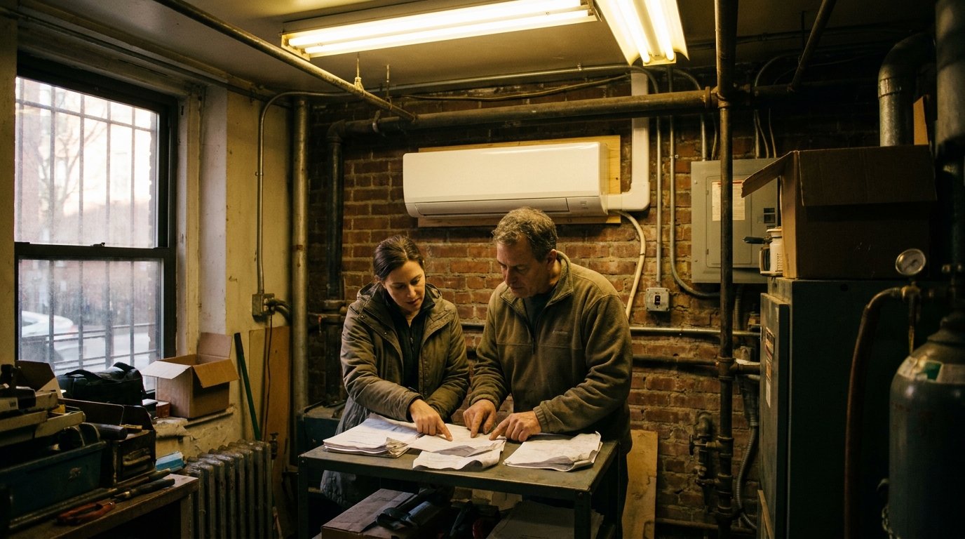 Property manager and co-op board member reviewing J-51 heat pump NYC permit documents in a pre-war apartment building mechanical room