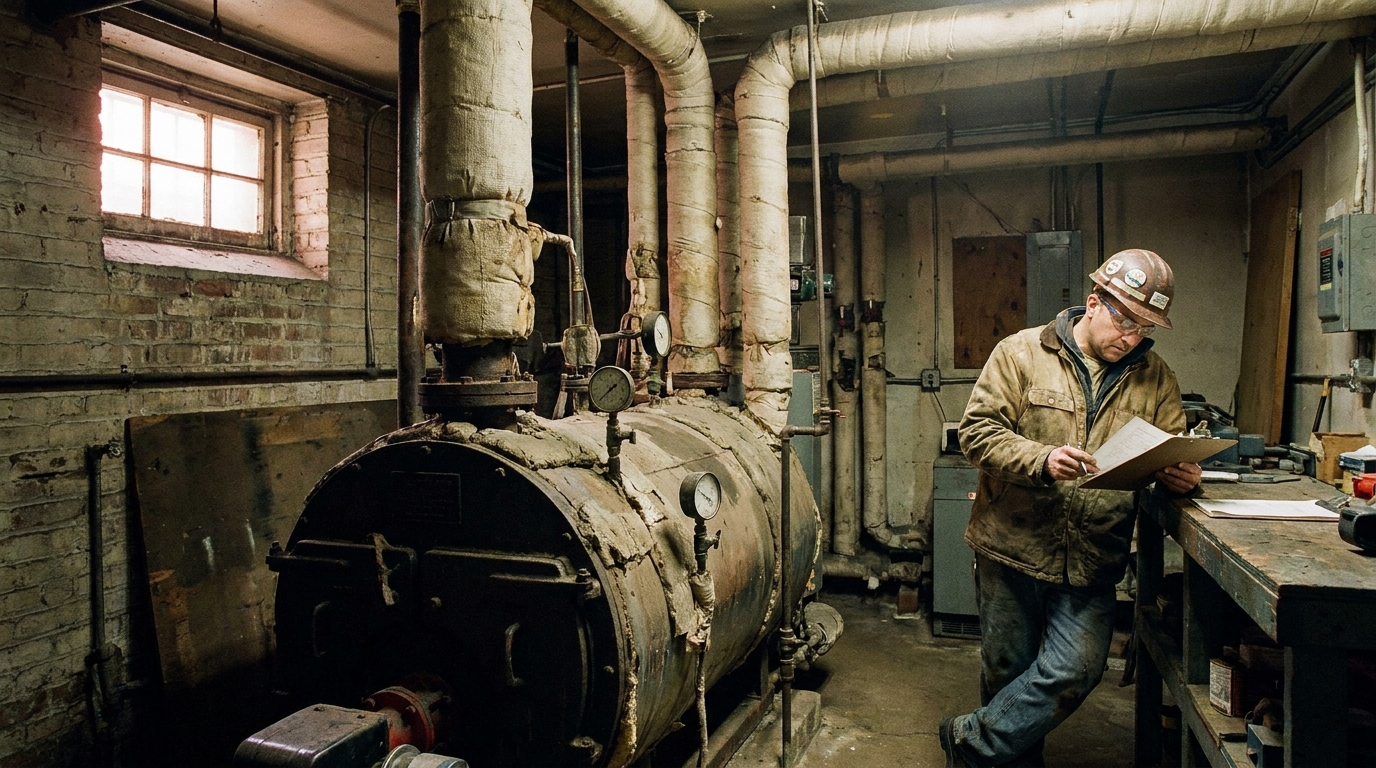 Pre-war NYC co-op mechanical room with cast iron steam boiler and HVAC technician reviewing Local Law 97 compliance documents