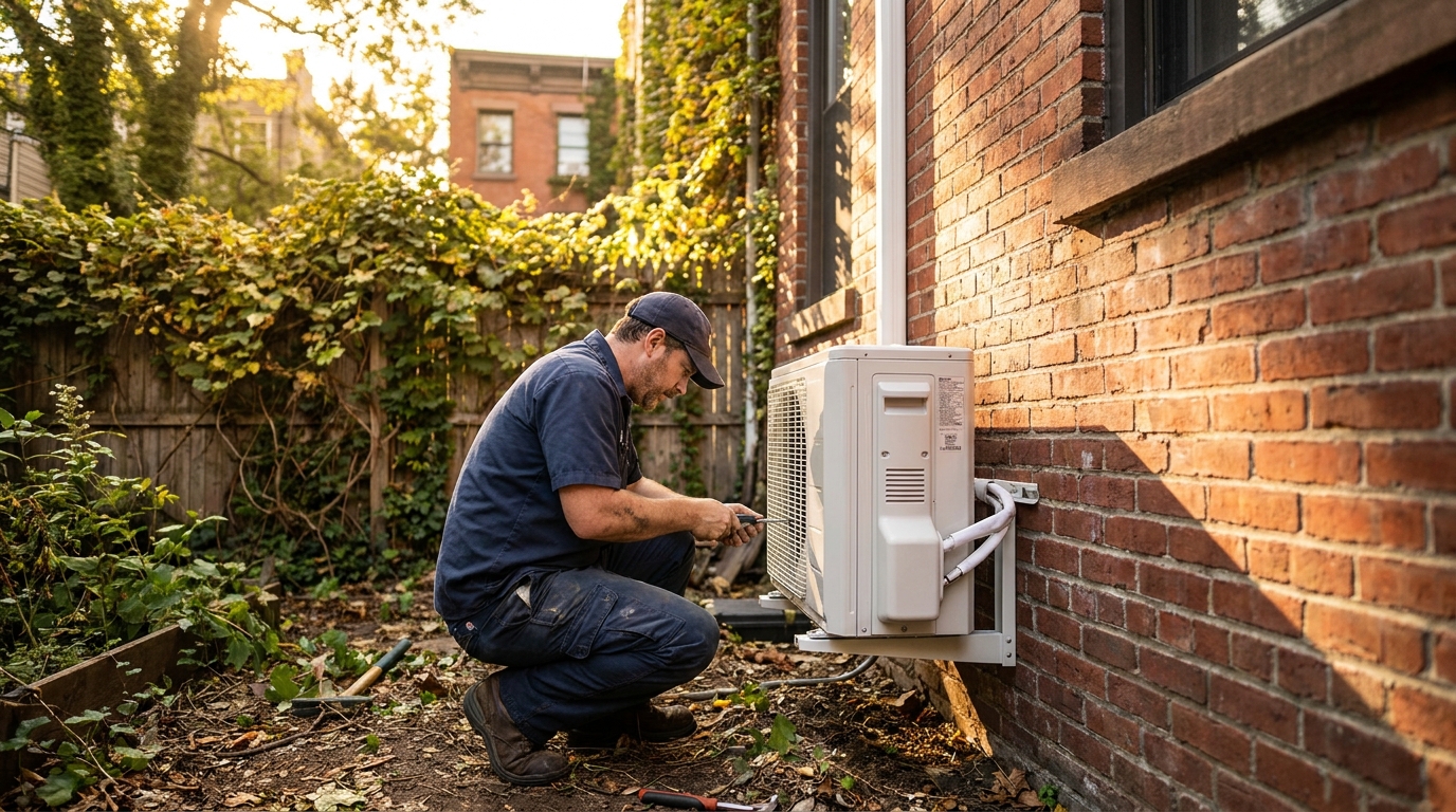 Mini split condenser installed in a NYC brownstone backyard, shown in the required rear yard of a two-family Brooklyn rowhouse