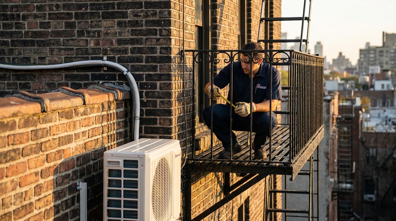 HVAC technician measuring mini split condenser clearance near a NYC brownstone fire escape at golden hour
