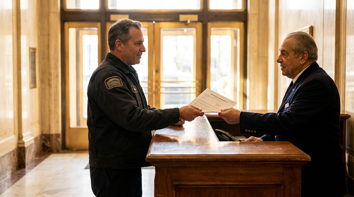 HVAC technician handing a mini split installation COI to a doorman in a NYC co-op lobby before work begins