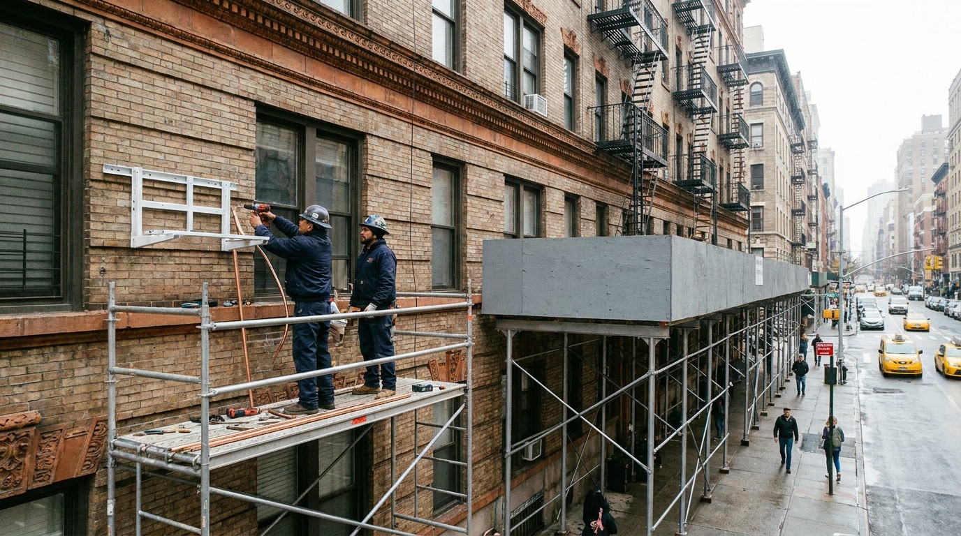 HVAC technicians installing a mini split condenser on a scaffold during FISP facade work on a NYC brick residential building