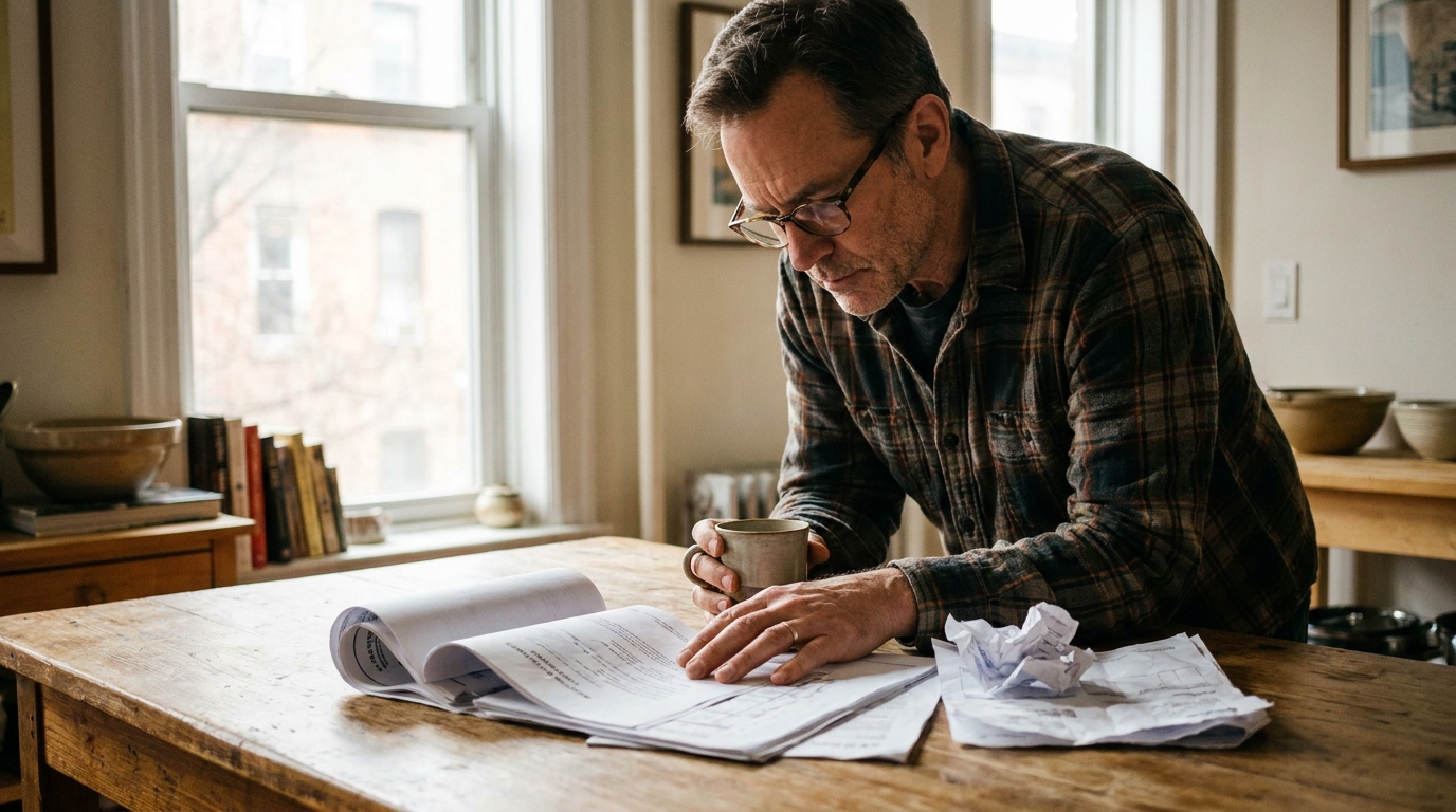 NYC landlord reviewing mini split MCI IAI rent stabilized paperwork at a Brooklyn brownstone kitchen table