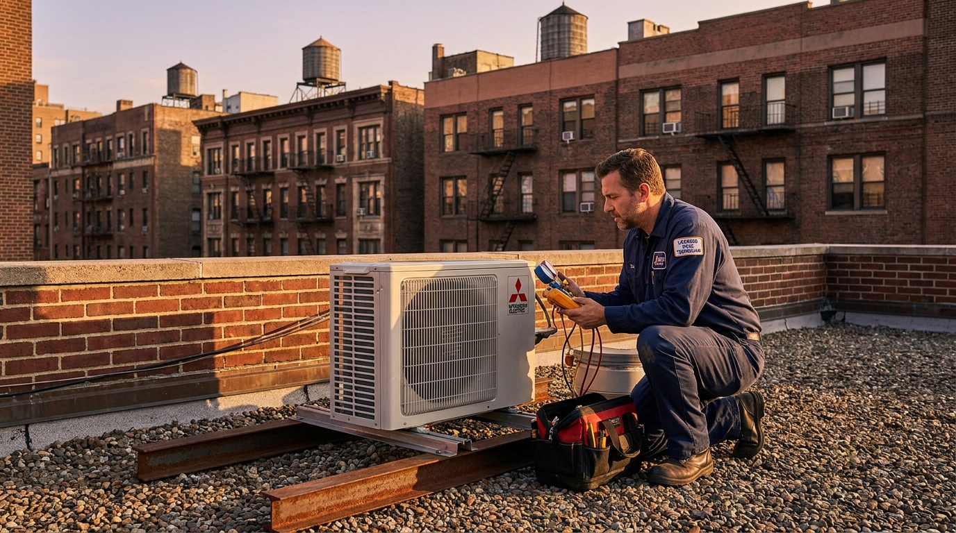 HVAC technician inspecting a mini split condenser on steel dunnage on a Manhattan rooftop with no place to put mini split condenser NYC